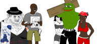 2girls anime bloodshot_eyes bulge chino_kafuu crying dakimakura easter_cross fat fedora gochiusa grey_shirt hair hat holding_object holding_sign jar_opener maga muscular necklace nigger open_mouth pants pissing shirtless smug soicuck soyjak soylent stubble sweating variant:pepe weab wojak // 1300x597 // 360KB